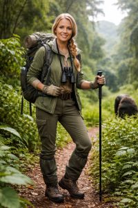 Miss Monica, one of our tourists who came in February 2026 put on the perfect full gear when time for gorilla trekking came